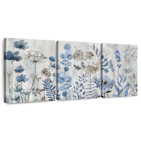 Elephant Stock Blue Meadow Dream'n Wall Art - Horizontal Multi Panel Canvas - Living Room Wall Decor - Floral And Botanical Multi Panel - Gray And Blue Decor By Conrad Knutsen - 80" x 39"