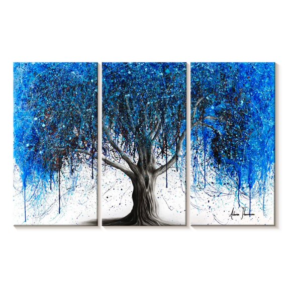 Elephant Stock Blue Moonlight Tree Wall Art - Horizontal Multi Panel Canvas - Living Room Wall Decor - Floral And Botanical Multi Panel - Blue And White Decor By Ashvin Harrison - 33" x 20"