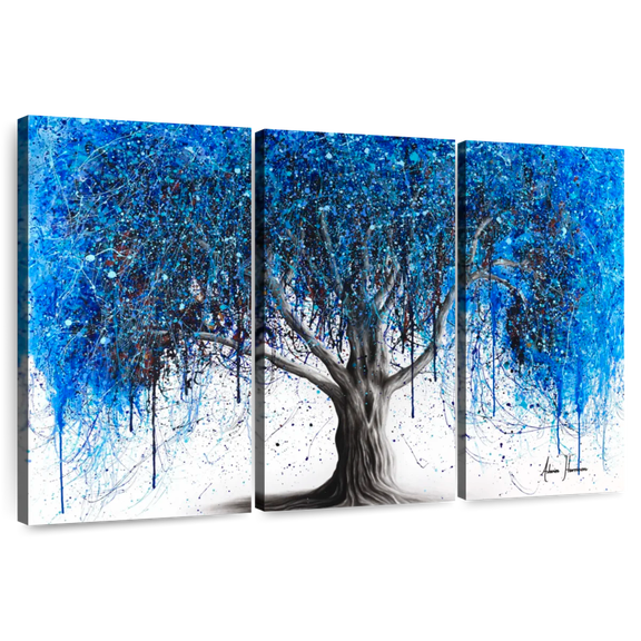 Elephant Stock Blue Moonlight Tree Wall Art - Horizontal Multi Panel Canvas - Living Room Wall Decor - Floral And Botanical Multi Panel - Blue And White Decor By Ashvin Harrison - 74" x 48"