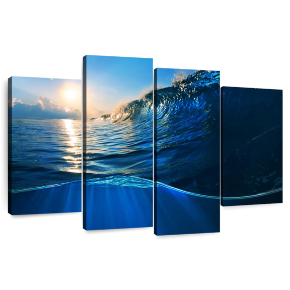 Elephant Stock Blue Ocean Wave Wall Art - Horizontal Multi Panel Canvas - Living Room Wall Decor - Beach Multi Panel - Blue And Yellow Decor - 68" x 42"