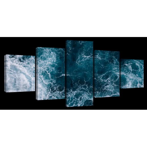 Elephant Stock Blue Ocean Waves Wall Art - Horizontal Multi Panel Canvas - Living Room Wall Decor - Beach Multi Panel - Teal And White Decor - 55" x 24"