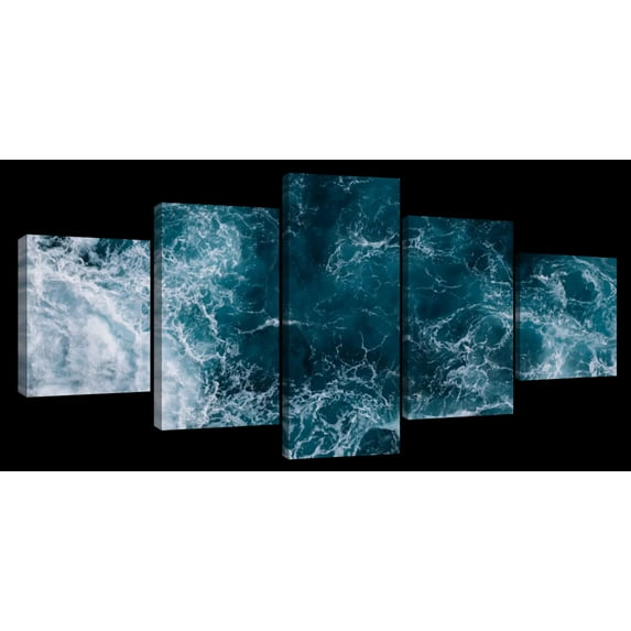 Elephant Stock Blue Ocean Waves Wall Art - Horizontal Multi Panel Canvas - Living Room Wall Decor - Beach Multi Panel - Teal And White Decor - 55" x 24"