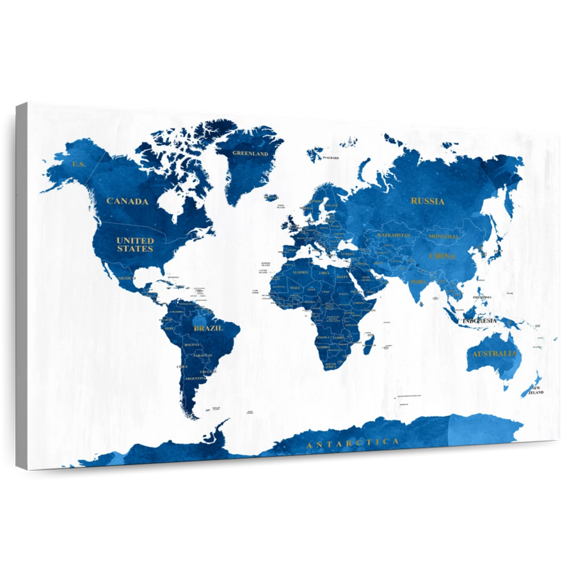 Elephant Stock Blue Textured World Map Wall Art - Horizontal Canvas Wall Art - Living Room Wall Decor - Map Canvas - White And Blue Decor - 39" x 26"