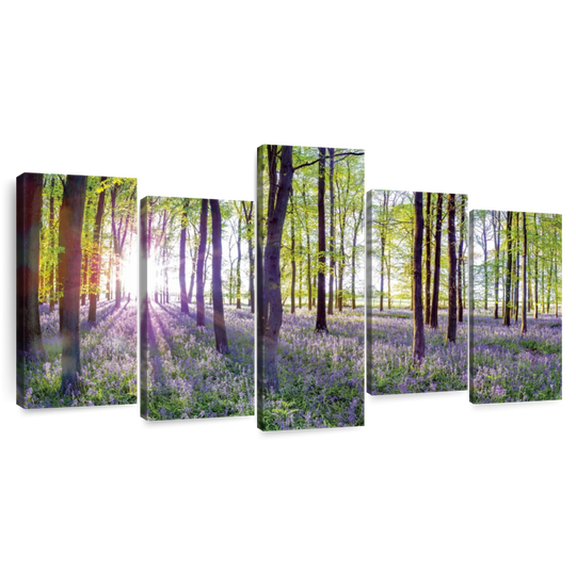 Elephant Stock Bluebells And Sunrise Wall Art - Horizontal Multi Panel Canvas - Living Room Wall Decor - Floral And Botanical Multi Panel - Brown And Purple Decor By Assaf Frank - 49" x 24"
