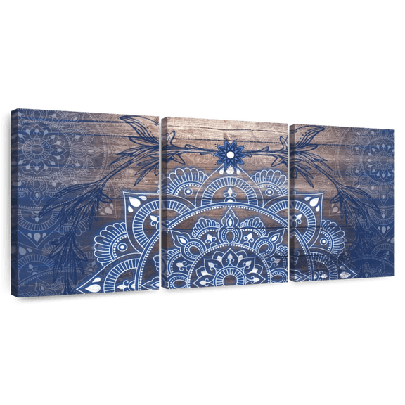 Elephant Stock Blueprint Mandala Wall Art - Horizontal Multi Panel Canvas - Living Room Wall Decor - Decor Elements Multi Panel - White And Blue Decor - 92" x 45"