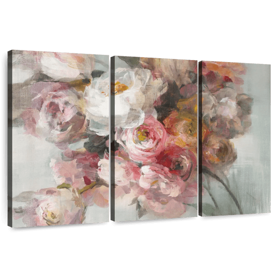 Elephant Stock Blush Bouquet Wall Art - Horizontal Multi Panel Canvas - Living Room Wall Decor - Floral And Botanical Multi Panel - Pink And Gray Decor By Danhui Nai - 57" x 36"