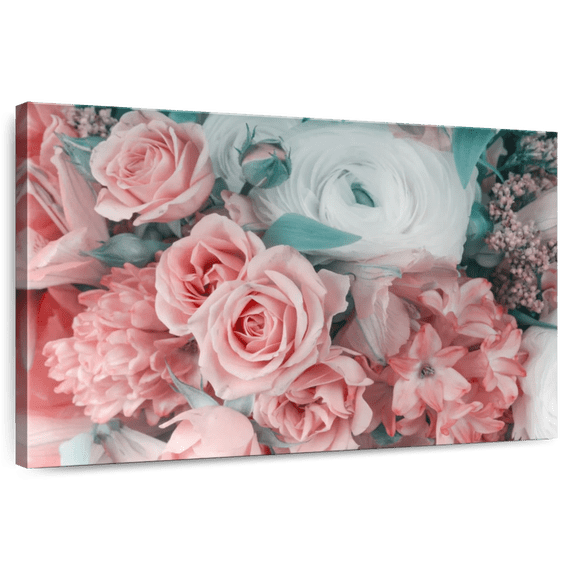 Elephant Stock Blush Pink Floral Wall Art - Horizontal Canvas Wall Art - Living Room Wall Decor - Floral And Botanical Canvas - Pink And Teal Decor - 48" x 32"