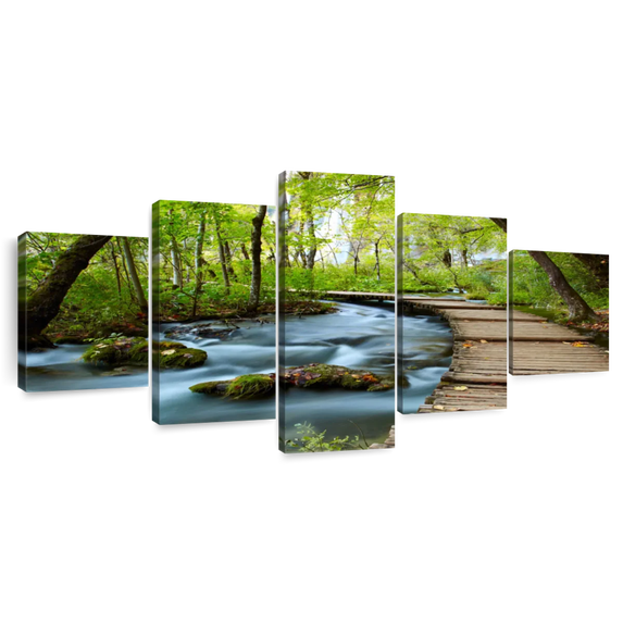Elephant Stock Boardwalk In The Forest Wall Art - Horizontal Multi Panel Canvas - Living Room Wall Decor - Nature Multi Panel - Brown And Blue Decor - 80" x 36"