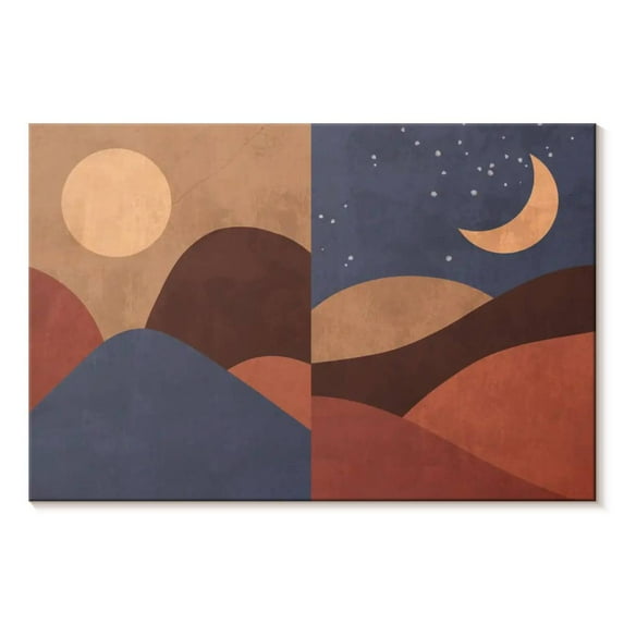 Elephant Stock Boho Sun Moon And Mountains I Wall Art - Horizontal Canvas Wall Art - Living Room Wall Decor - Nature Canvas - Gray And Brown Decor - 39" x 26"