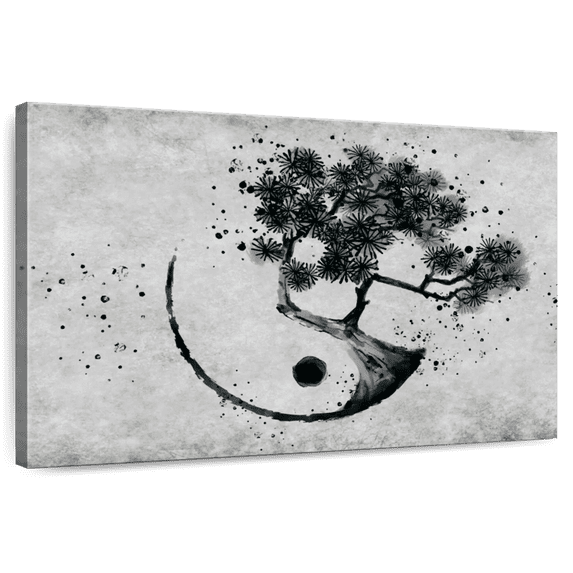 Elephant Stock Bonsai Yin Yang Wall Art - Horizontal Canvas Wall Art - Living Room Wall Decor - Wellness Canvas - Gray And Black Decor - 12" x 8"