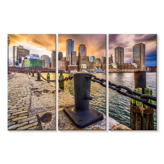 Elephant Stock Boston Massachusetts Harbor Wall Art - Horizontal Multi Panel Canvas - Living Room Wall Decor - Places Multi Panel - Orange And Yellow Decor - 65" x 42"
