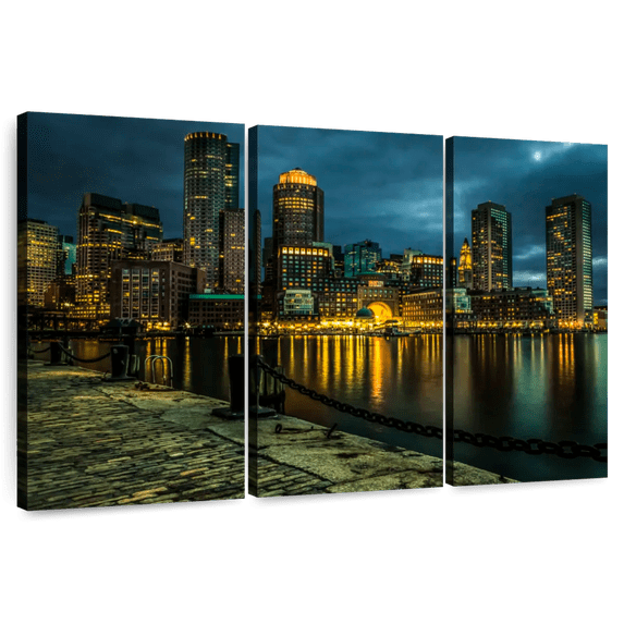 Elephant Stock Boston Skyline At Night Wall Art - Horizontal Multi Panel Canvas - Living Room Wall Decor - Places Multi Panel - Orange And Gray Decor - 57" x 36"