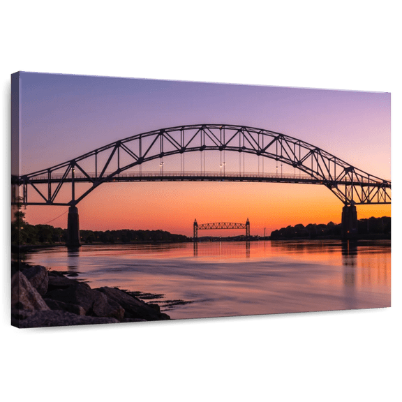 Elephant Stock Bourne Bridge Sunset Wall Art - Horizontal Canvas Wall Art - Living Room Wall Decor - Architecture Canvas - Gray And Orange Decor - 12" x 8"