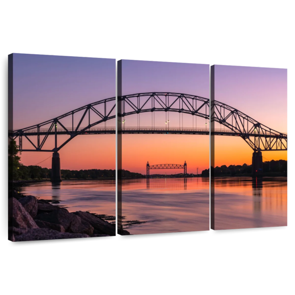 Elephant Stock Bourne Bridge Sunset Wall Art - Horizontal Multi Panel Canvas - Living Room Wall Decor - Architecture Multi Panel - Gray And Orange Decor - 74" x 48"