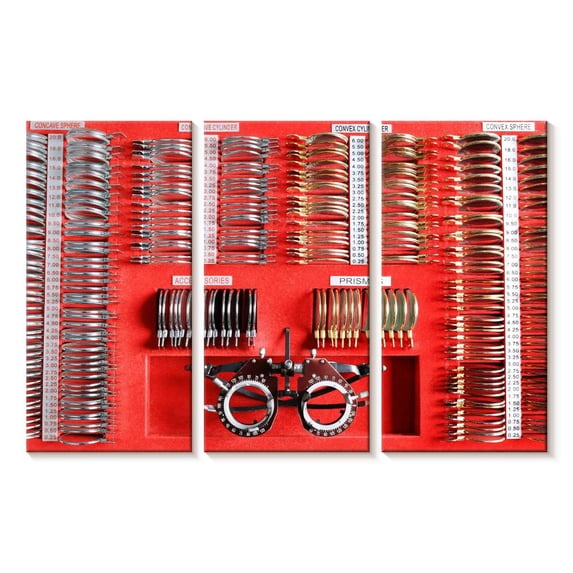 Elephant Stock Box Of Optical Lenses Wall Art - Horizontal Multi Panel Canvas - Living Room Wall Decor - Profession Multi Panel - Silver And Red Decor - 23" x 14"