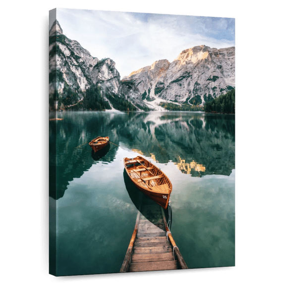 Elephant Stock Braies Lake Boats Wall Art - Vertical Canvas Wall Art - Living Room Wall Decor - Transportation Canvas - Beige And Orange Decor - 30" x 45"