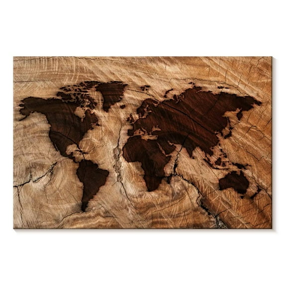 Elephant Stock Branded Wood World Map Wall Art - Horizontal Canvas Wall Art - Living Room Wall Decor - Map Canvas - Brown And Beige Decor - 51" x 34"