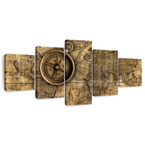 Elephant Stock Brass Compass On World Map Wall Art - Horizontal Multi Panel Canvas - Living Room Wall Decor - Nautical Multi Panel - Beige And Brown Decor - 68" x 30"