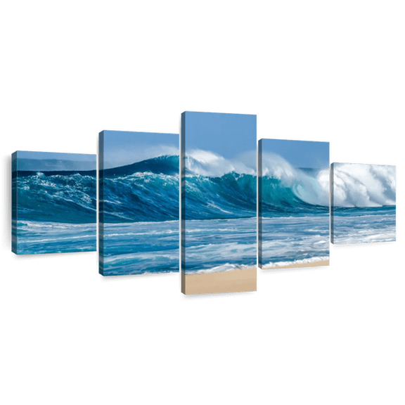Elephant Stock Breaking Sea Waves Wall Art - Horizontal Multi Panel Canvas - 5 Pieceliving Room Wall Decor - Photography Hobbies And Lifestyle Multi Panel - Beige And Teal Decor - 92" x 42"