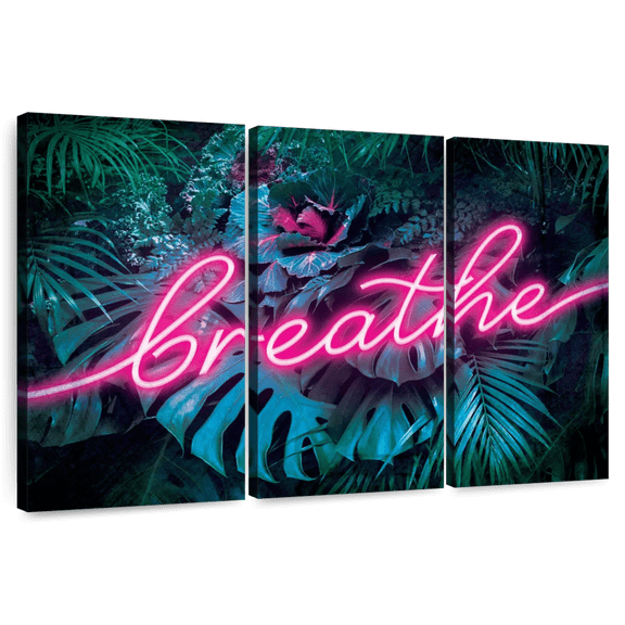 Elephant Stock Breathe Typography Wall Art - Horizontal Multi Panel Canvas - Living Room Wall Decor - Inspirational And Typography Multi Panel - Teal And Green Decor - 74" x 48"