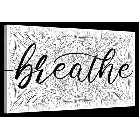 Elephant Stock Breathe Zen Pattern Wall Art - Horizontal Canvas Wall Art - Bathroom Wall Decor - Inspirational And Typography Canvas - White And Black Decor - 12" x 8"