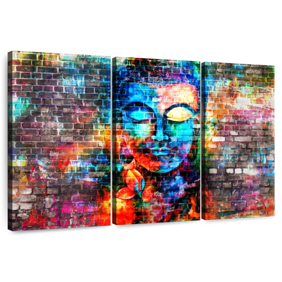 Elephant Stock Brick Buddha Wall Art - Horizontal Multi Panel Canvas - Living Room Wall Decor - People Multi Panel - Turquoise And Blue Decor - 33" x 20"