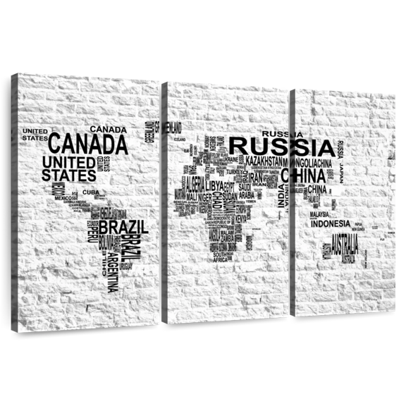 Elephant Stock Brick Typography Map Wall Art - Horizontal Multi Panel Canvas - Living Room Wall Decor - Map Multi Panel - Black And White Decor - 65" x 42"