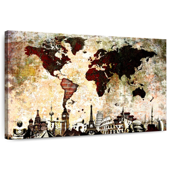 Elephant Stock Brick World Map Wall Art - Horizontal Canvas Wall Art - Living Room Wall Decor - Map Canvas - Gray And Brown Decor - 51" x 34"