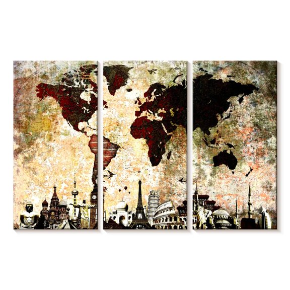 Elephant Stock Brick World Map Wall Art - Horizontal Multi Panel Canvas - Living Room Wall Decor - Map Multi Panel - Gray And Brown Decor - 50" x 32"