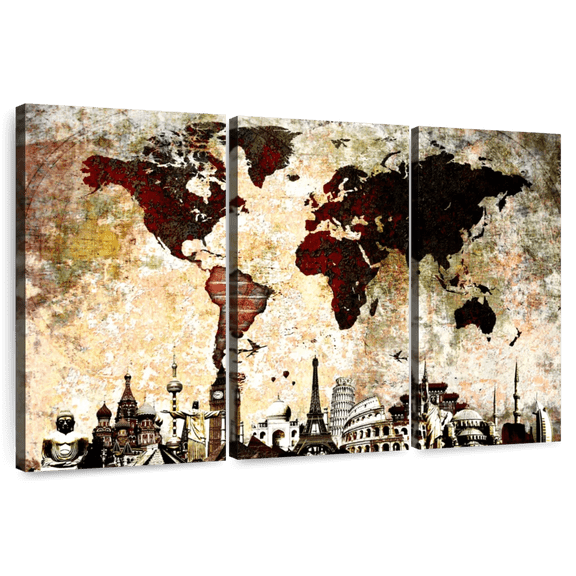 Elephant Stock Brick World Map Wall Art - Horizontal Multi Panel Canvas - Living Room Wall Decor - Map Multi Panel - Gray And Brown Decor - 74" x 48"