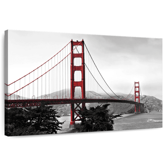 Elephant Stock Bright Red Golden Gate Bridge Wall Art - Horizontal Canvas Wall Art - Dining Room Wall Decor - Architecture Canvas - Black And Gray Decor - 12" x 8"