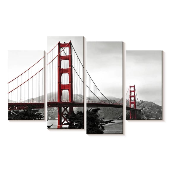 Elephant Stock Bright Red Golden Gate Bridge Wall Art - Horizontal Multi Panel Canvas - Living Room Wall Decor - Architecture Multi Panel - Black And Gray Decor - 30" x 18"