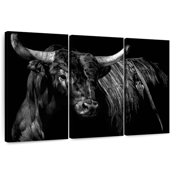Elephant Stock Brindle Rodeo Bull Wall Art - Horizontal Multi Panel Canvas - Living Room Wall Decor - Animal Multi Panel - Black And Gray Decor By Julie Chapman - 38" x 24"