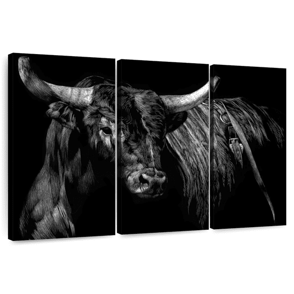 Elephant Stock Brindle Rodeo Bull Wall Art - Horizontal Multi Panel Canvas - Living Room Wall Decor - Animal Multi Panel - Black And Gray Decor By Julie Chapman - 74" x 48"
