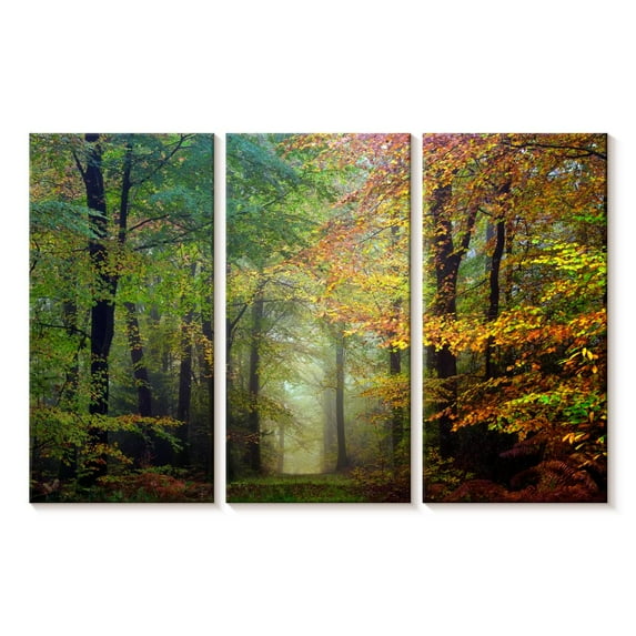 Elephant Stock Broceliande Colored Forest Wall Art - Horizontal Multi Panel Canvas - Living Room Wall Decor - Nature Multi Panel - Orange And Green Decor By Philippe Manguin - 50" x 32"