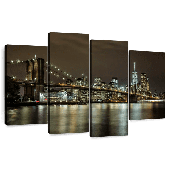 Elephant Stock The Brooklyn Bridge After Dark Wall Art - Horizontal Multi Panel Canvas - Living Room Wall Decor - City Multi Panel - Brown And Green Decor By Scott Stulberg - 36" x 22"