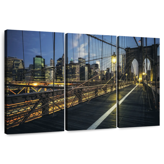Elephant Stock Brooklyn Bridge Lighting Wall Art - Horizontal Multi Panel Canvas - Living Room Wall Decor - Architecture Multi Panel - Black And Brown Decor - 33" x 20"