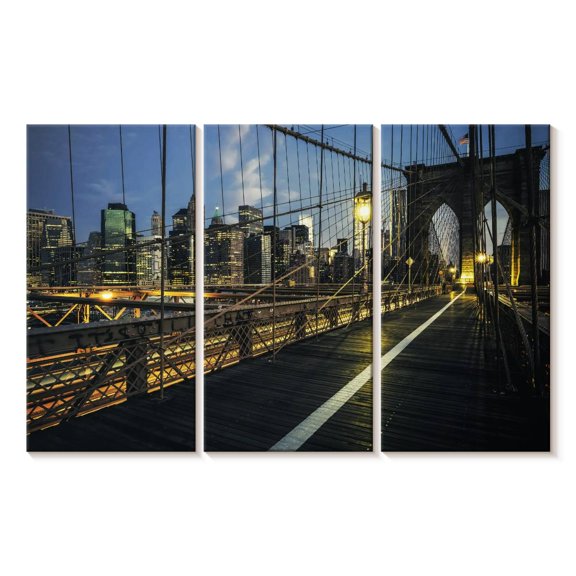 Elephant Stock Brooklyn Bridge Lighting Wall Art - Horizontal Multi Panel Canvas - Living Room Wall Decor - Architecture Multi Panel - Black And Brown Decor - 33" x 20"