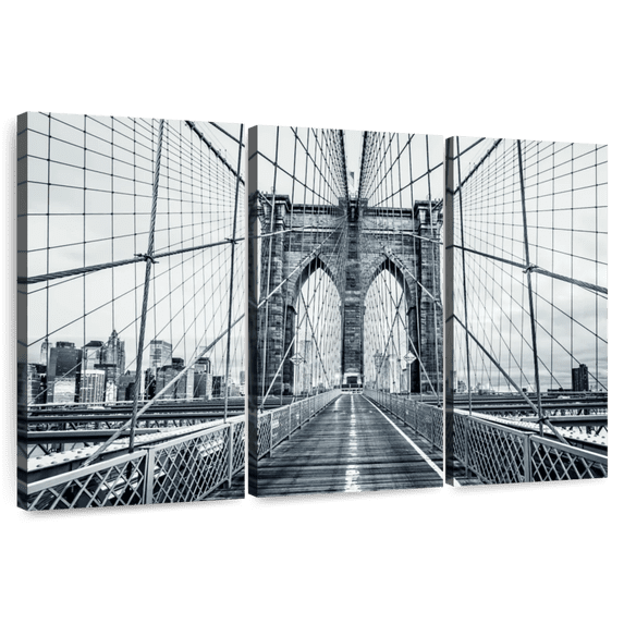 Elephant Stock Brooklyn Bridge Monochrome Wall Art - Horizontal Multi Panel Canvas - Living Room Wall Decor - Architecture Multi Panel - Blue And Silver Decor - 65" x 42"