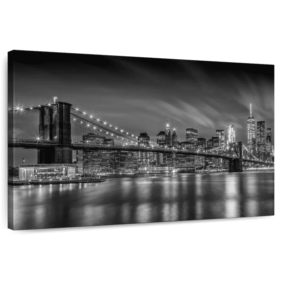 Elephant Stock Brooklyn Bridge Nightly Impressions Wall Art - Horizontal Canvas Wall Art - Living Room Wall Decor - Places Canvas - Gray And Black Decor By Melanie Viola - 12" x 8"