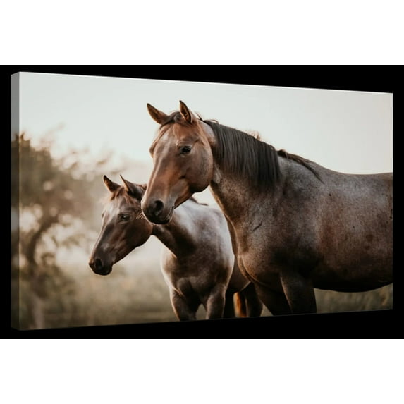 Elephant Stock Brown Mare And Foal Horses Wall Art - Horizontal Canvas Wall Art - Living Room Wall Decor - Photography Animal Canvas - Brown And Gray Decor - 36" x 24"