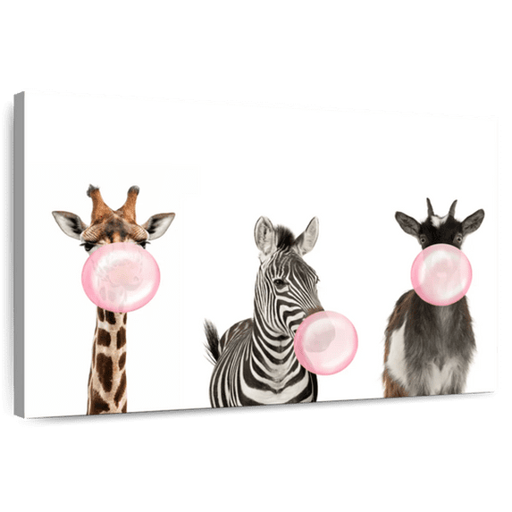 Elephant Stock Bubble Gum Safari Animals Wall Art - Horizontal Canvas Wall Art - Living Room Wall Decor - Animal Canvas - White And Pink Decor - 36" x 24"