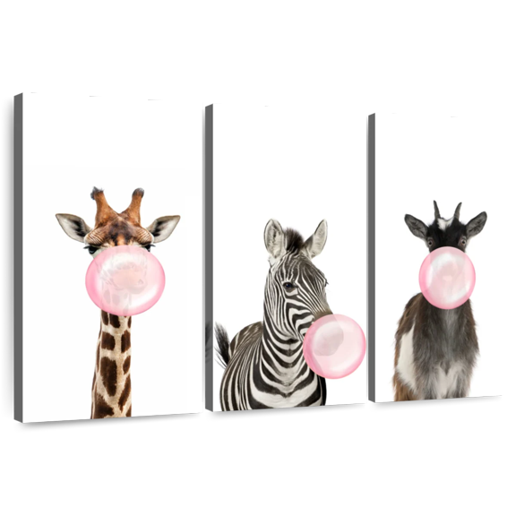Elephant Stock Bubble Gum Safari Animals Wall Art - Horizontal Multi Panel Canvas - Living Room Wall Decor - Animal Multi Panel - White And Pink Decor - 33" x 20"