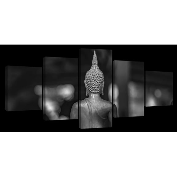 Elephant Stock Buddha Back Wall Art - Horizontal Multi Panel Canvas - 5 Pieceliving Room Wall Decor - Photography Religion And Spirituality Multi Panel - Gray And Black Decor - 80" x 36"
