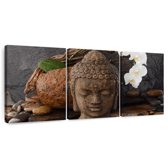 Elephant Stock Buddha Head Sculpture Wall Art - Horizontal Multi Panel Canvas - 3 Pieceliving Room Wall Decor - Photography Religion And Spirituality Multi Panel - Gray And Brown Decor - 38" x 18"