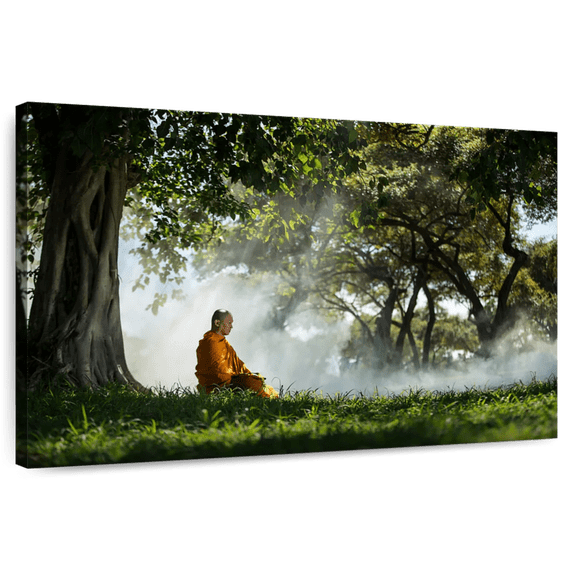 Elephant Stock Buddhist Monk Meditating Wall Art - Horizontal Canvas Wall Art - Living Room Wall Decor - Wellness Canvas - Gray And Green Decor - 45" x 30"