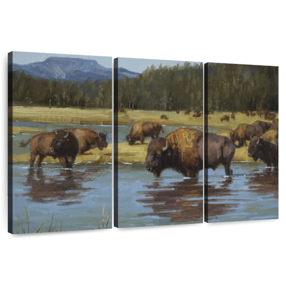 Elephant Stock Buffalo Crossing Wall Art - Horizontal Multi Panel Canvas - Living Room Wall Decor - Animal Multi Panel - Yellow And Brown Decor By Jack Sorenson - 74" x 48"