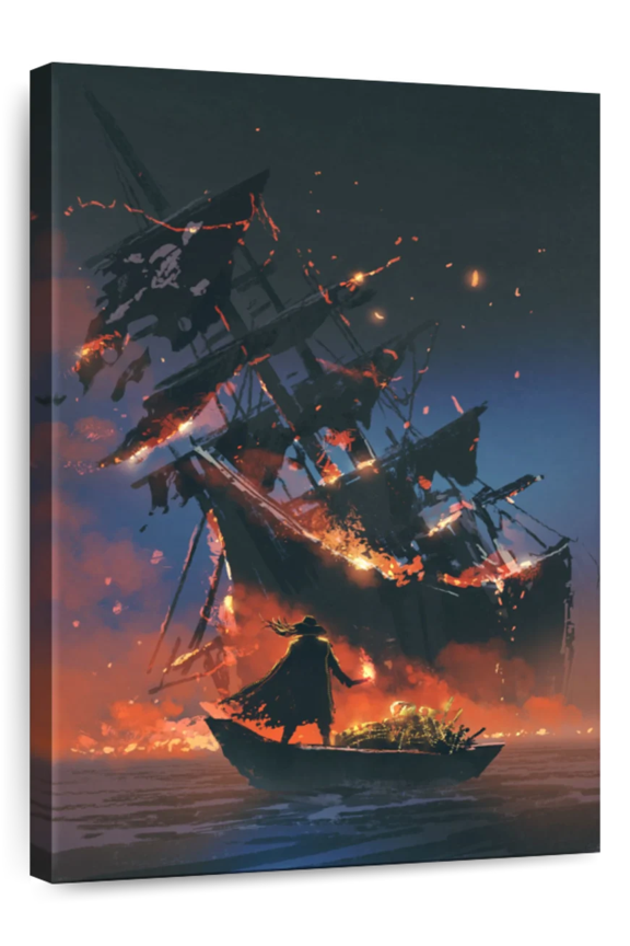 Burning Ship Wall Art - Vertical Canvas Wall Art - Living Room Wall Decor - Nautical Canvas - Gray And Orange Decor - 8" x 12"