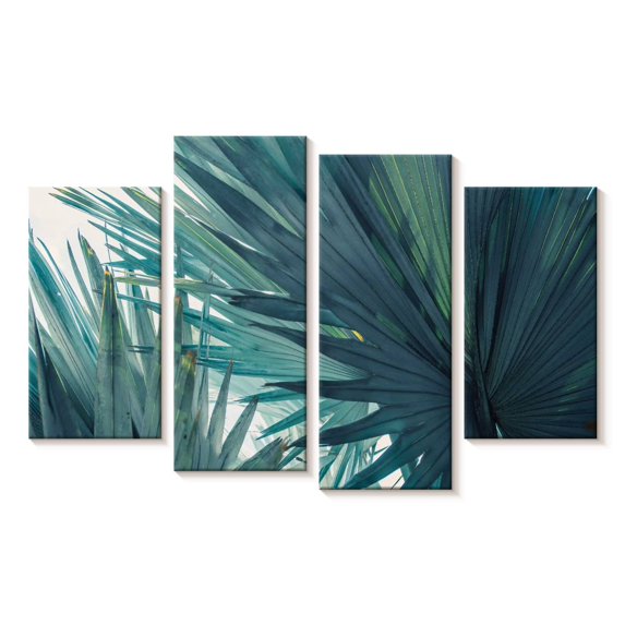 Elephant Stock Bushy Palm Leaves Wall Art - Horizontal Multi Panel Canvas - Living Room Wall Decor - Floral And Botanical Multi Panel - Blue And Teal Decor - 24" x 14"