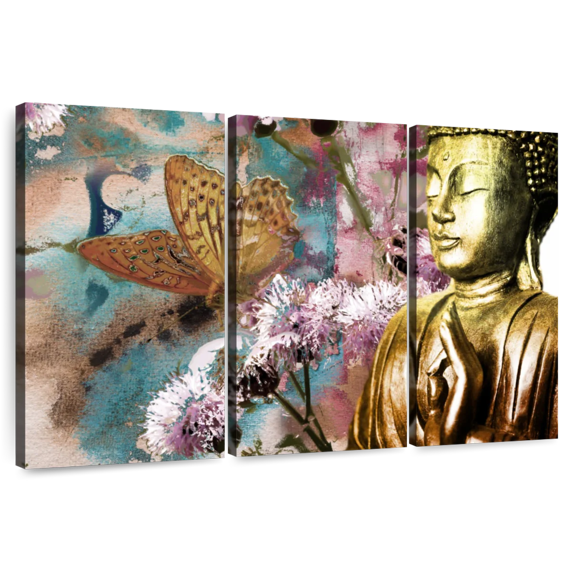 Elephant Stock Butterfly And Buddha Wall Art - Horizontal Multi Panel Canvas - Living Room Wall Decor - Religion And Spirituality Multi Panel - Blue And Pink Decor - 38" x 24"